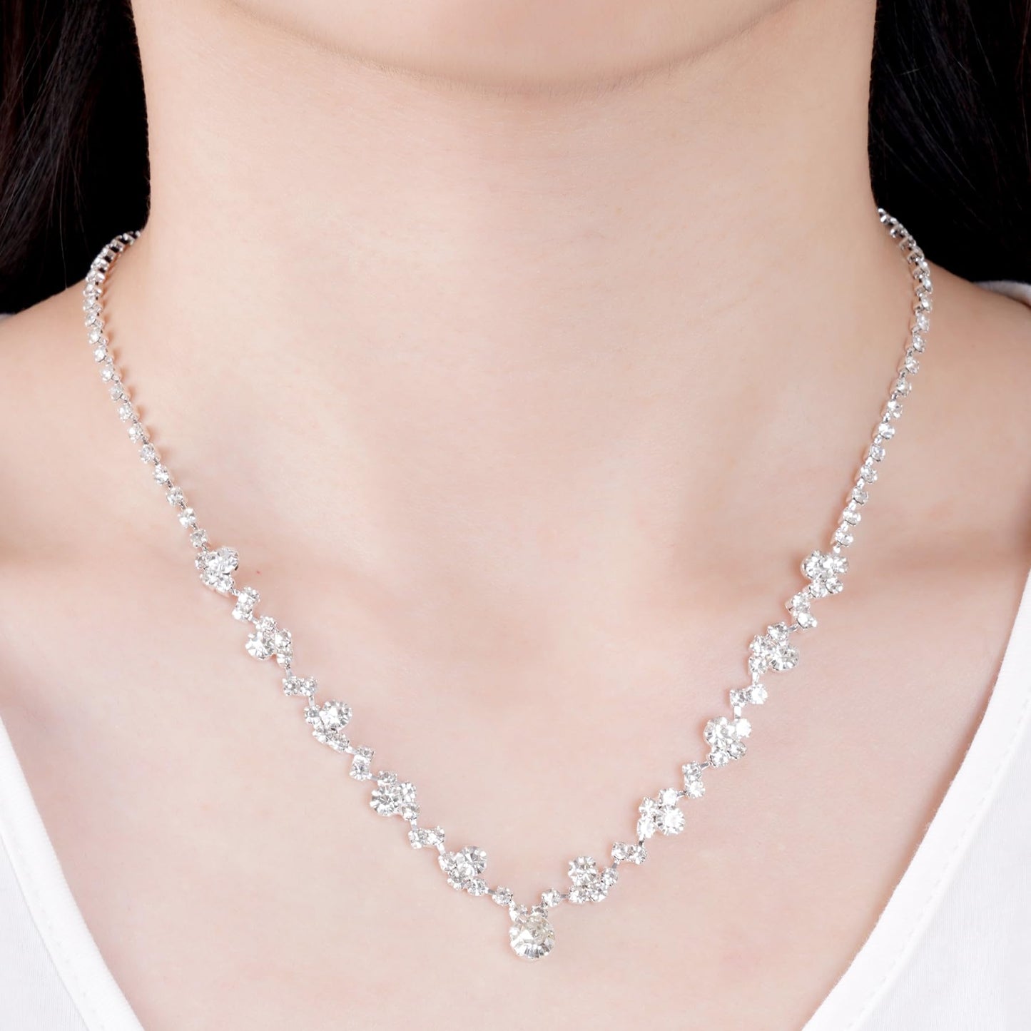Jmkcoz Women Jewelry Set Silver Necklace Earrings Bracelet Rhinestone Crystal Bridal Wedding Jewelry Sets for Brides Bridesmaid Wedding Party (Style 2)