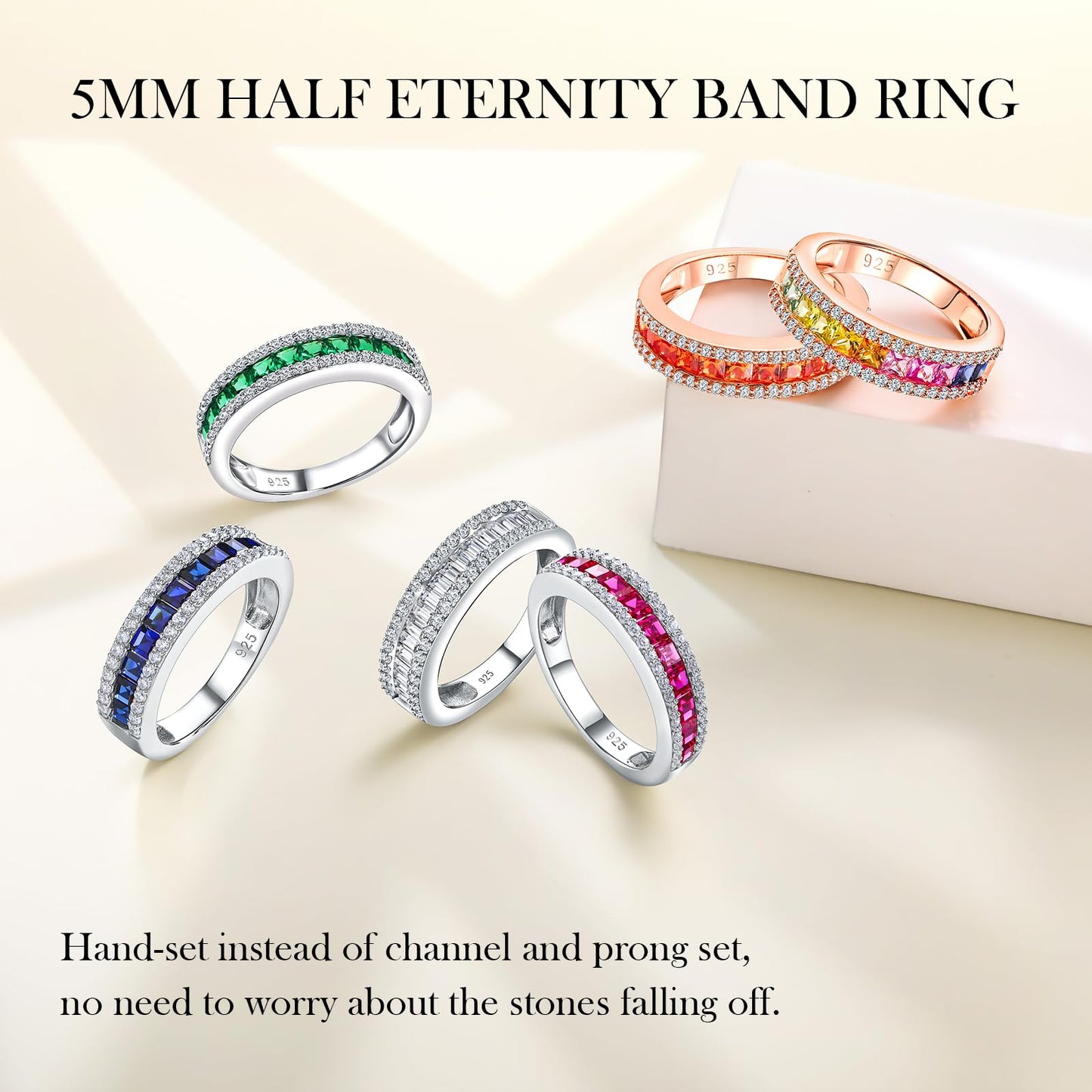 RANDES Red Ruby Eternity Band Rings for Women 925 Sterling Silver Channel Set Princess Cut Engagement Ring Wedding Band Size 6.5