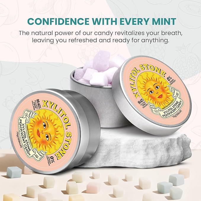 Xylitol Stone Sugar Free Candy - Vegan & Keto Friendly Unique Hard Candy - 100% Natural Flavor Candies - Gluten Free & Non-GMO Breath Freshener Low Calorie Mints - Peach (Pack of 2)