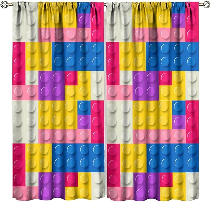 Kids Building Blocks Toy Curtains Children's Room Abstract Outline Colorful Plastic Toys Geometric Bricks Print Curtains for Boys Girls Nursery Curtains 72x63 Inches 2 Panels