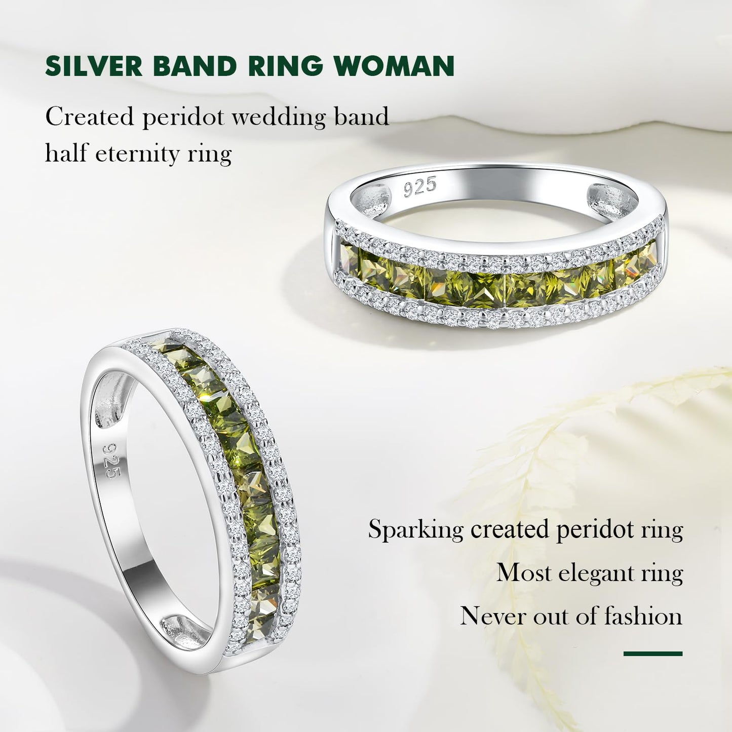 RANDES Peridot Band Rings for Women August Birthstone Ring 925 Sterling Silver Channel Set Princess Cut Anniversary Band Size 7