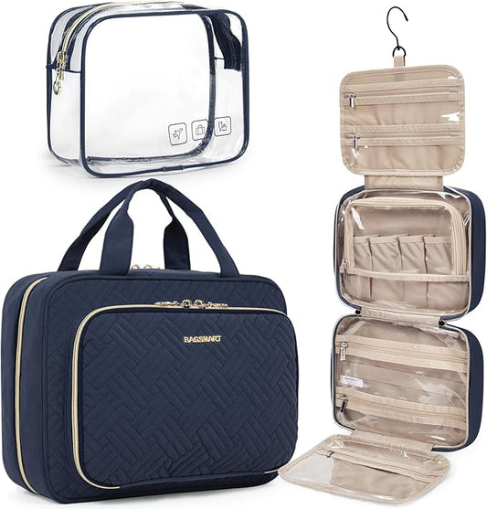 BAGSMART Toiletry Bag Hanging Travel Makeup Organizer with TSA Approved Transparent Cosmetic Bag Makeup Bag for Full Sized Toiletries, Medium-Navy