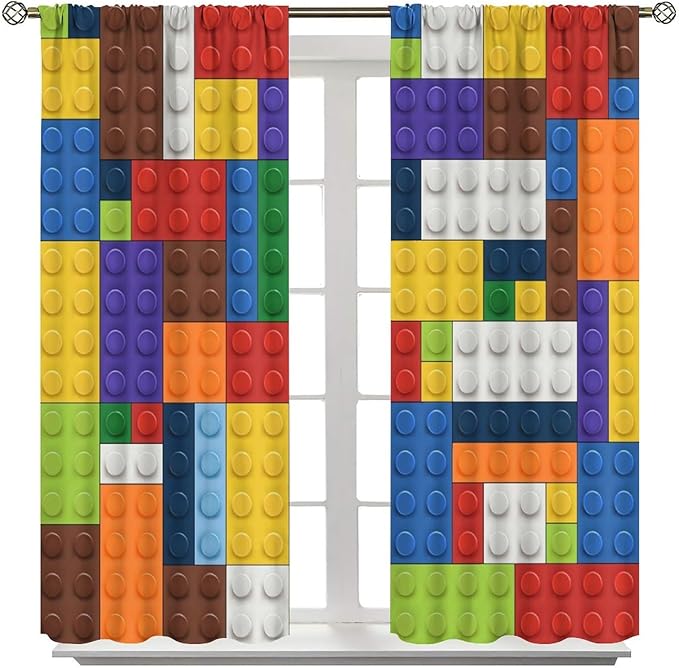 Kids Boy Curtain Blocks Toy Abstract Outline Colorful Geometric Brick Print Curtain for Boys Girls Nursery Room Curtains 42x54 Inch 2 Panels(Decor Curtains