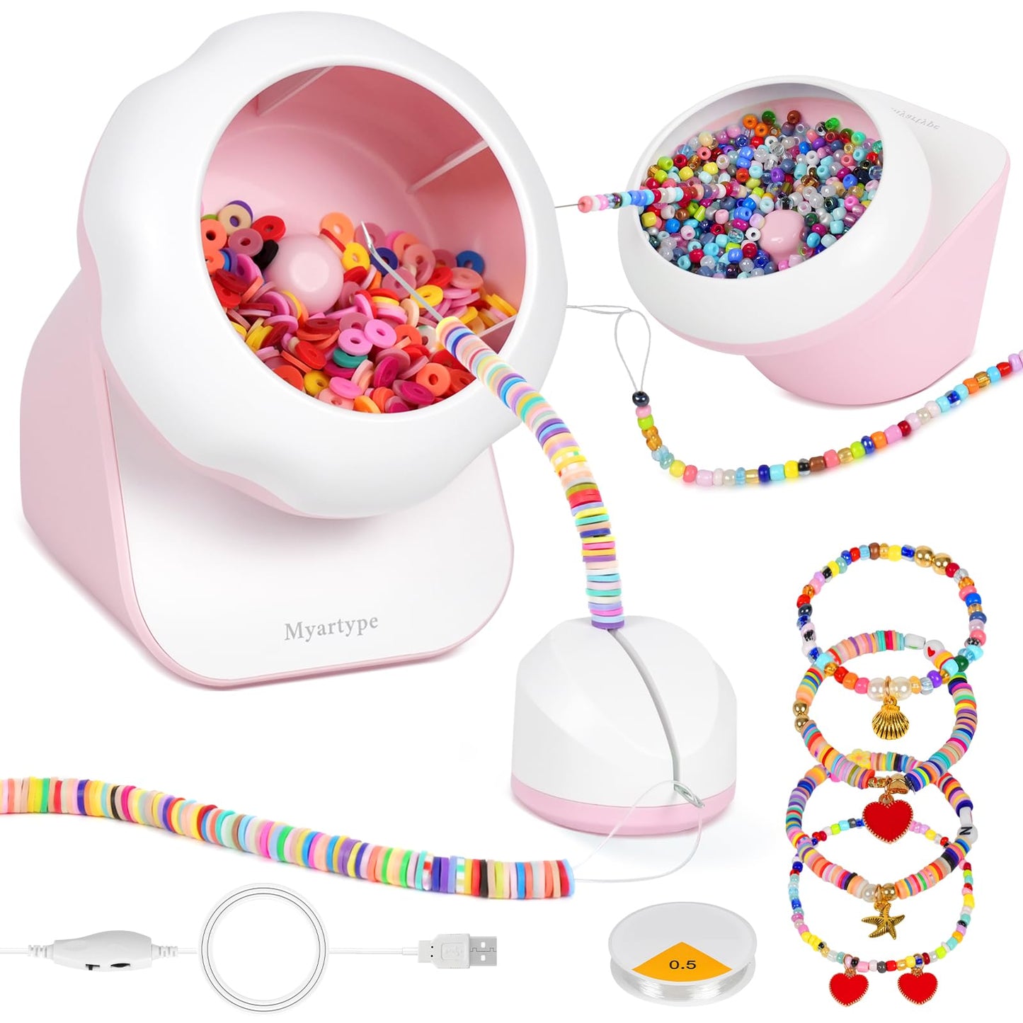 Myartype Clay Bead Spinner and Seed Bead Spinner, 2-in-1 Electric Bead Spinner for Jewelry Making, Bracelet Spinner and Necklace Making Machine with Bead Needles and Thread (Pink)
