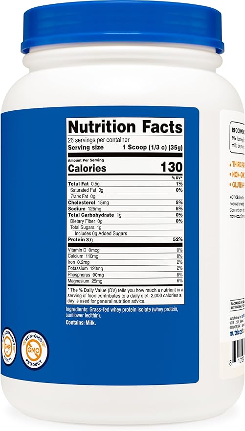 Nutricost Grass-Fed Whey Protein Isolate (Unflavored) 2LBS - Non-GMO, Gluten Free, Pure Protein
