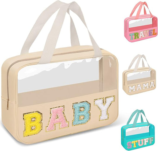 Preppy Clear Baby Makeup Bags with Chenille Letter Patches, Travel Essentials Large Clear Make up Bag Zipper Pouch with Handle, Waterproof Nylon Cosmetic Toiletry Storage Tote for Women (BABY-Beige)