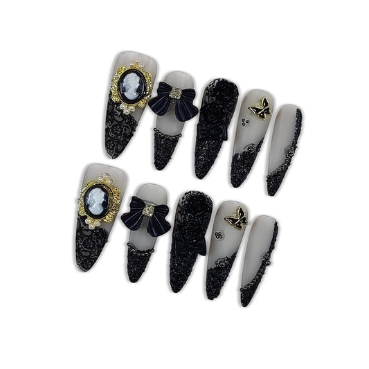 Hantyer Gothic Press on Nails, Long Stiletto Matte Nails, Baroque Cameo & 3D Camellia Design Salon Quality, Reusable Nails with Bow Steel Beads Accents, Dark Princess Style for Women(Size L)