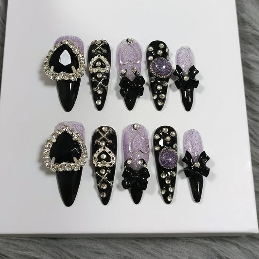 TENPAL Glam Punk Press on Nails Stiletto Almond Long,3D Heart Rhinestones&Metal Chains Designs,Black Glitter Purple Chrome Nails with Full Cover Micro Gems,Y2K Edgy Girly Streetwear Nails,10pcs XS