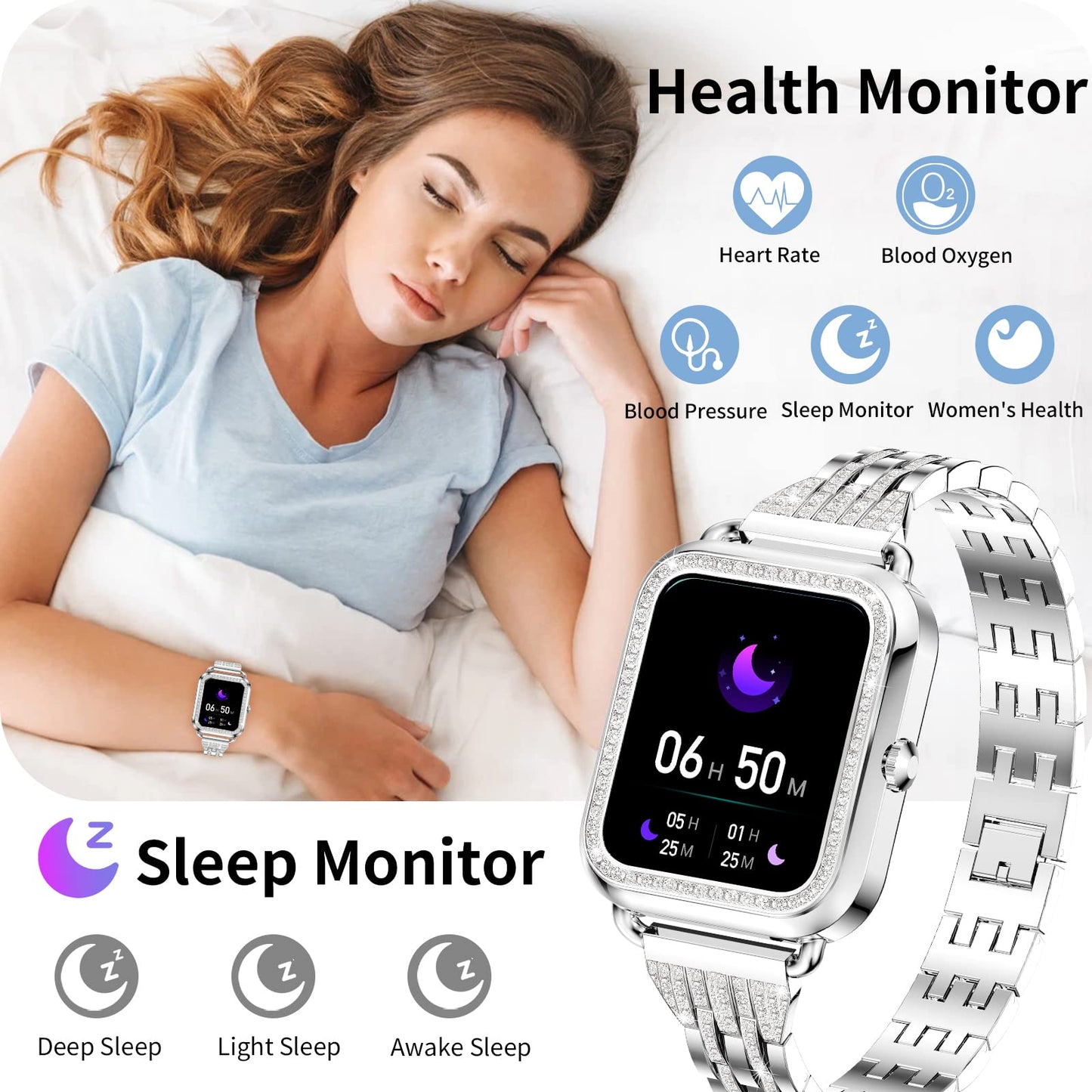 Efolen Smart Watches for Women with Diamonds (Answer/Make Call), 1.57'' Bluetooth Smartwatch for Android iOS Phones, Waterproof Fitness Tracker with Heart Rate/SpO2/Sleep/BP/AI Voice (Silver)