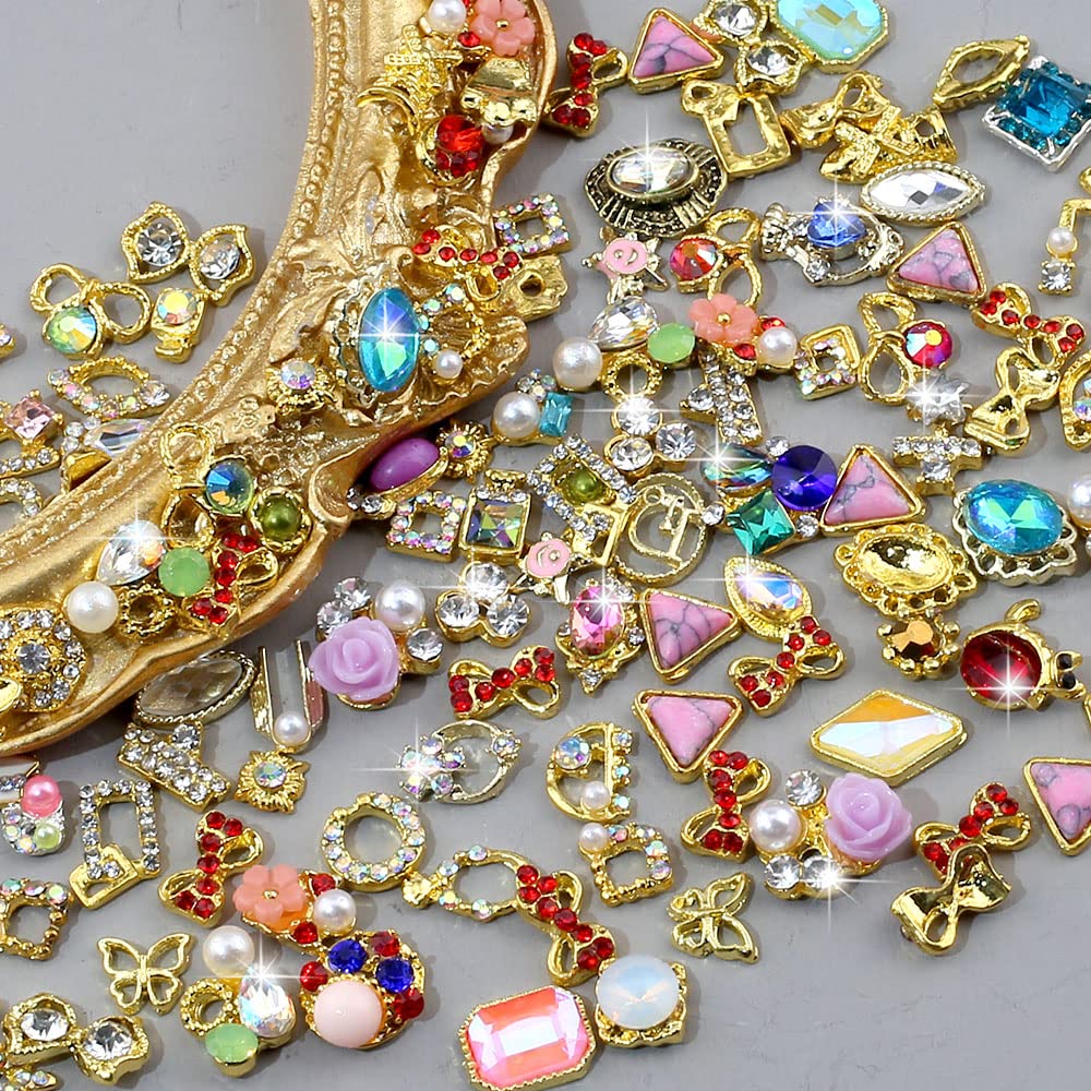 50pcs 3D Gold Nail Charms for Acrylic Nails Mix Styles Rhinestones for Nails Metal Nail Jewels for Nail Art Shiny Zircon Nail Rhinestones Alloy Nail Charm Pearl Nail Gems Cute Charms for Nails Design
