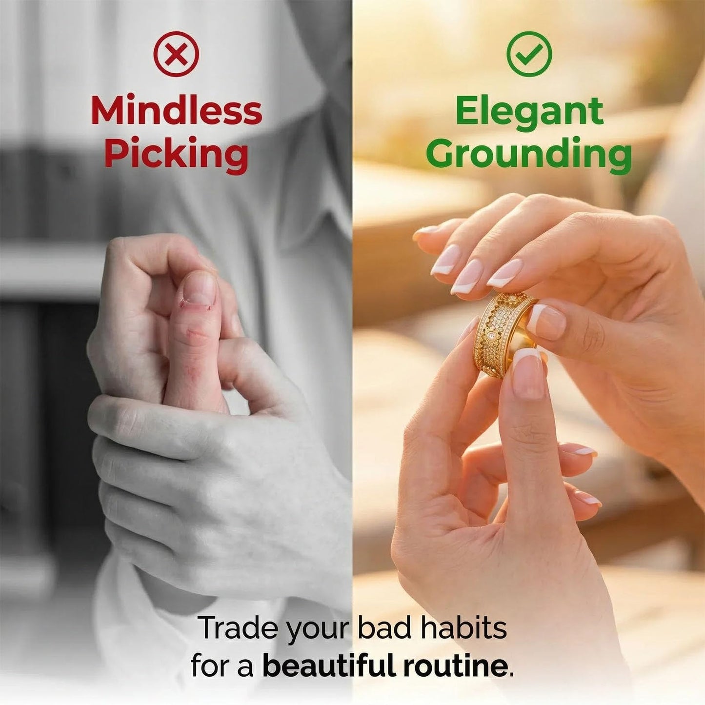 Xarewx Mindfulness Rings for Women, Fidget Ring, Adjustable Anti-Anxiety Fidget Rings, Menopause and Stress Ring, Calm & Everyday Wear (Gold, 6)