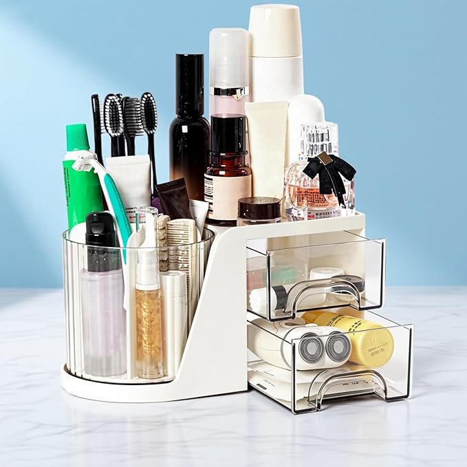 Toothbrush Holders for Bathrooms, Rotating Bathroom Countertop Organizer with 2 Drawers, Tooth Brush Toothpaste Holder, Bathroom Counter Organizer Caddy for Vanity Makeup Brush Holder