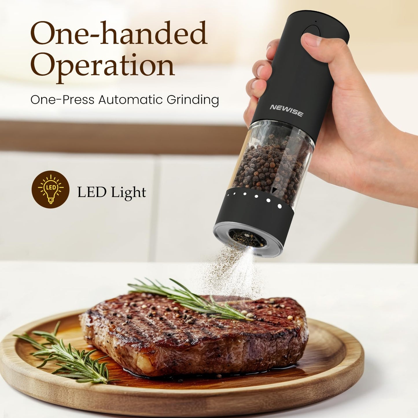 Electric Salt and Pepper Grinder Set, Adjustable Coarseness & LED Light, Rechargeable Large Capacity Stainless Steel Mill, Birthday Cooking Gifts for Women Mom- Black/White