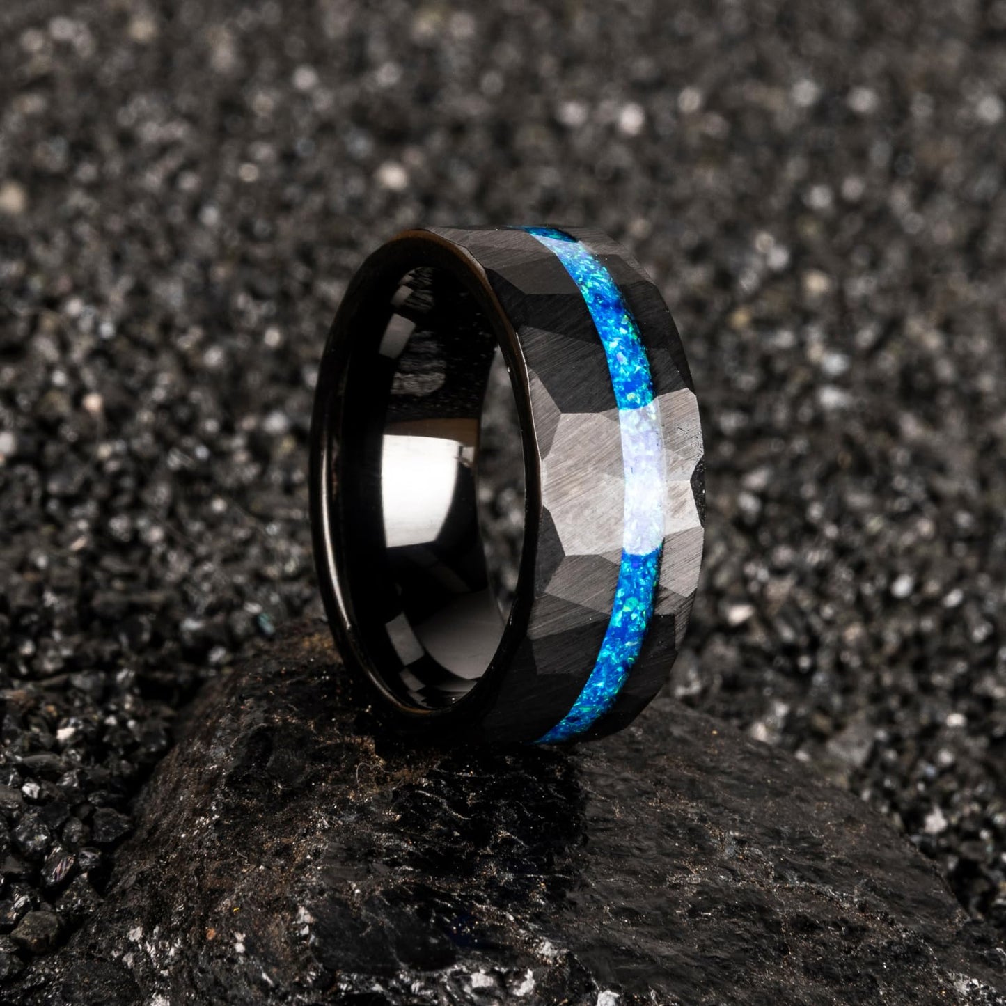 JEWPER 8mm Men Womens Wedding Band Tungsten Rings Black Blue Hammer pattern Fashion Promise Carbide Inlaid Opal Matte Finish Edge Comfort Fit Size(12)