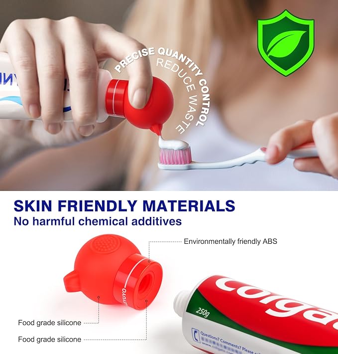 Upgraded Silicone Vacuum - Pump Toothpaste Squeezer Dispenser with Self-Closing Cap, Fits Most Toothpaste Tube, Precise Dosing, Clean & No Waste for Kids(Red)