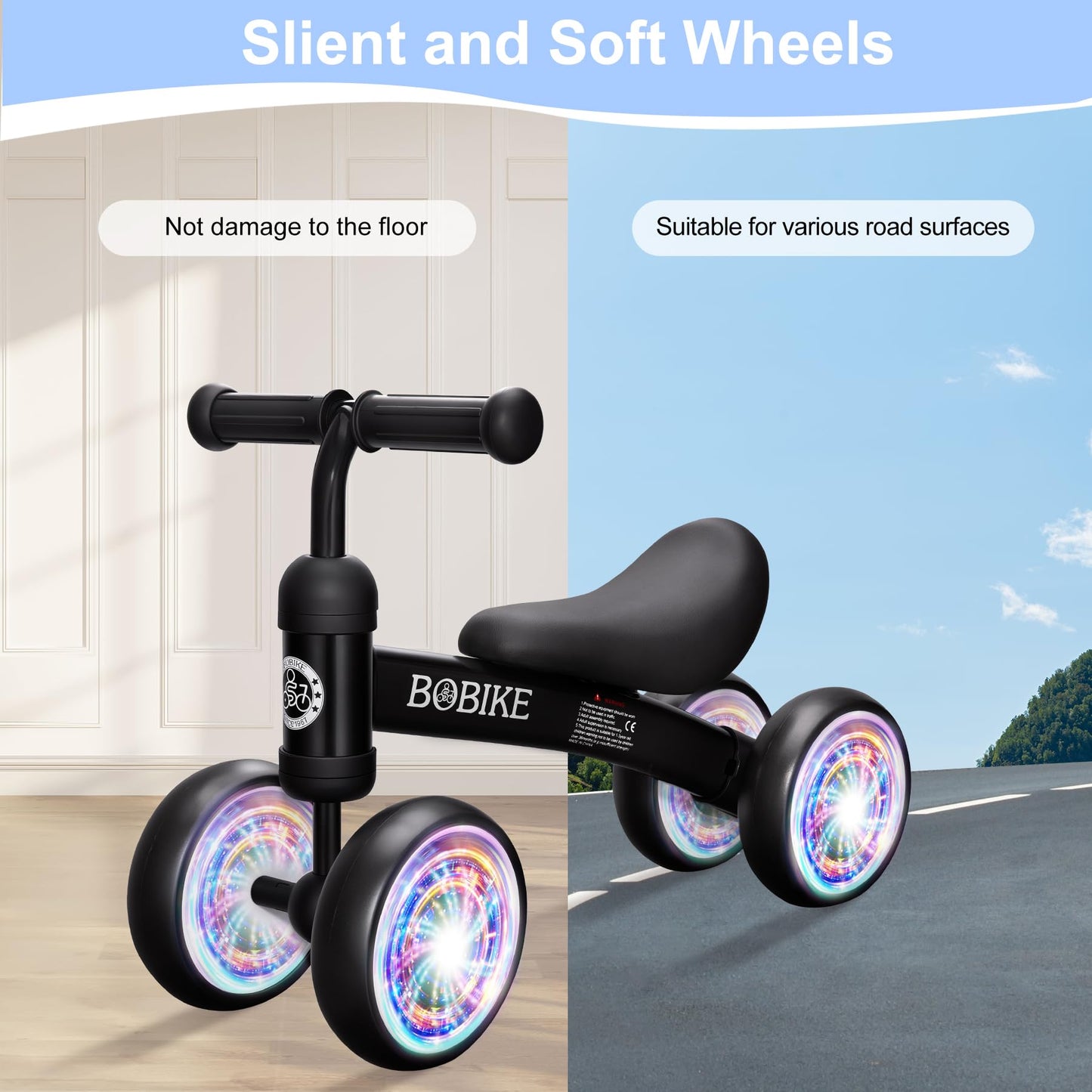 Bobike Baby Balance Bike Toys for 12-36 Months Kids Toy Boy and Girls Gifts Toddler Best First Birthday Gift Children Walker No Pedal Infant 4 Wheels Bicycle (Colorful, Black-Light)