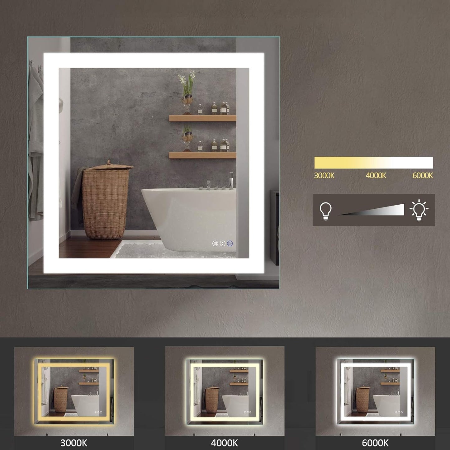 Amorho LED Bathroom Mirror 36"x 36" with Front and Backlight, Stepless Dimmable Wall Mirrors with Anti-Fog, Shatter-Proof, Memory, 3 Colors, Double LED Vanity Mirror
