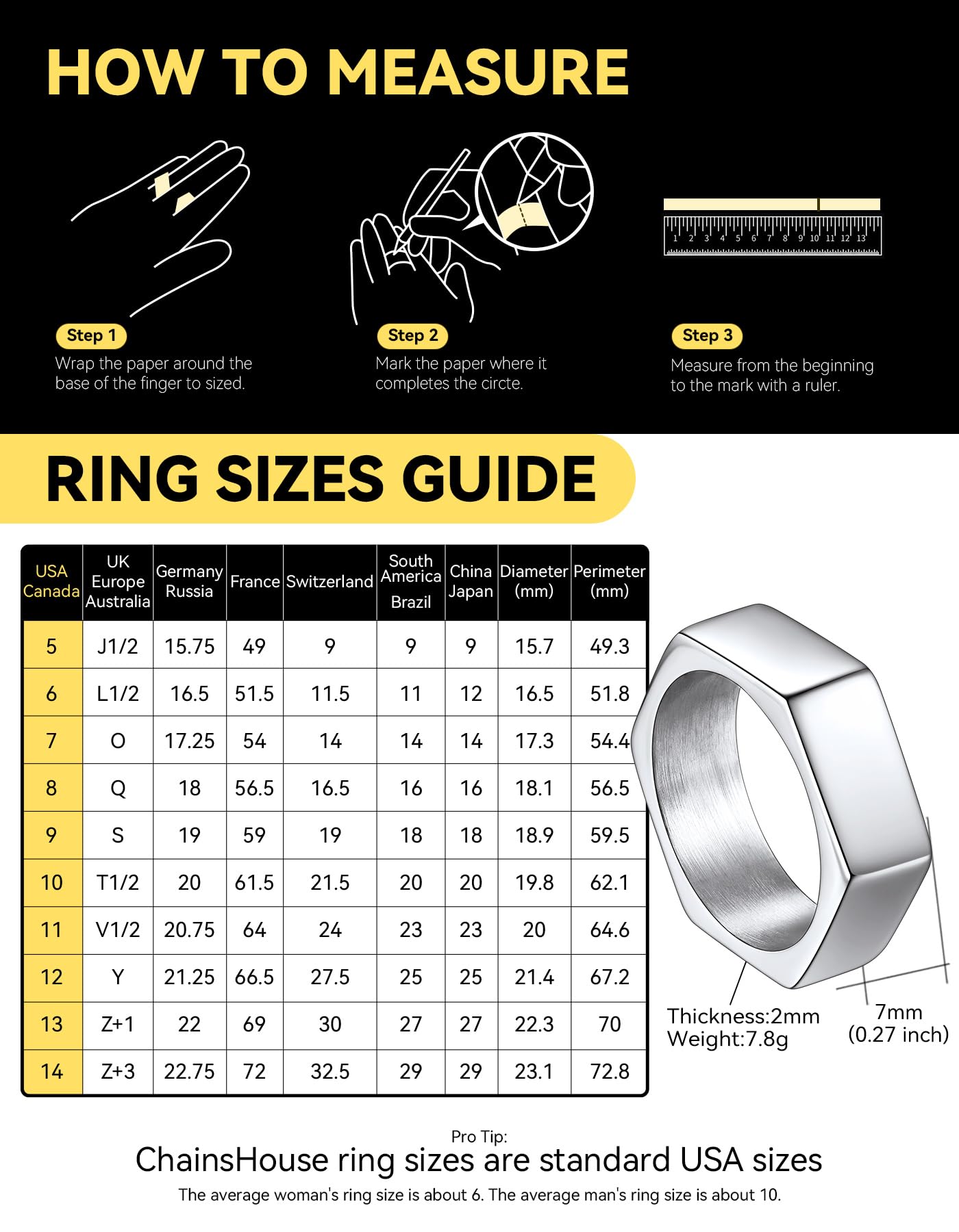 ChainsHouse Men's Punk Stainless Steel Gothic Screw Edge Hexagon Geometric Biker Ring Bands, Size 14