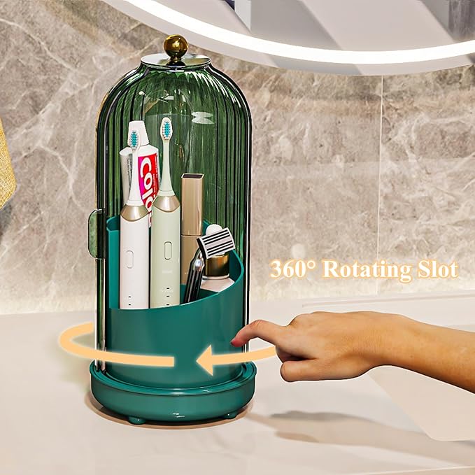 Toothbrush Holders with Cover, Drainage Rotating Electric Toothbrush Organizer, 3 Slots Tooth Brush Holder for Bathroom Counter, Green
