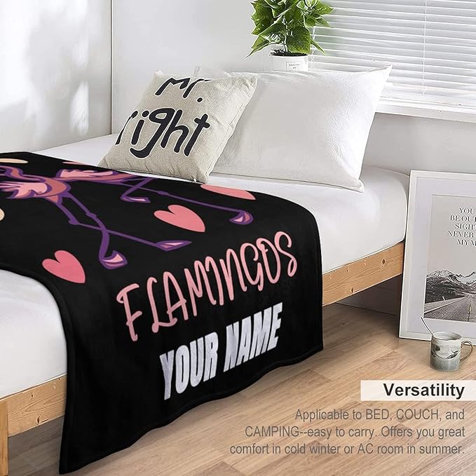 Custom Flamingo Throw Blanket Gifts with Name - 60 x 80 Inches Funny Throws for Adults - Black Fluffy Comfort Furry Blankets for Bed