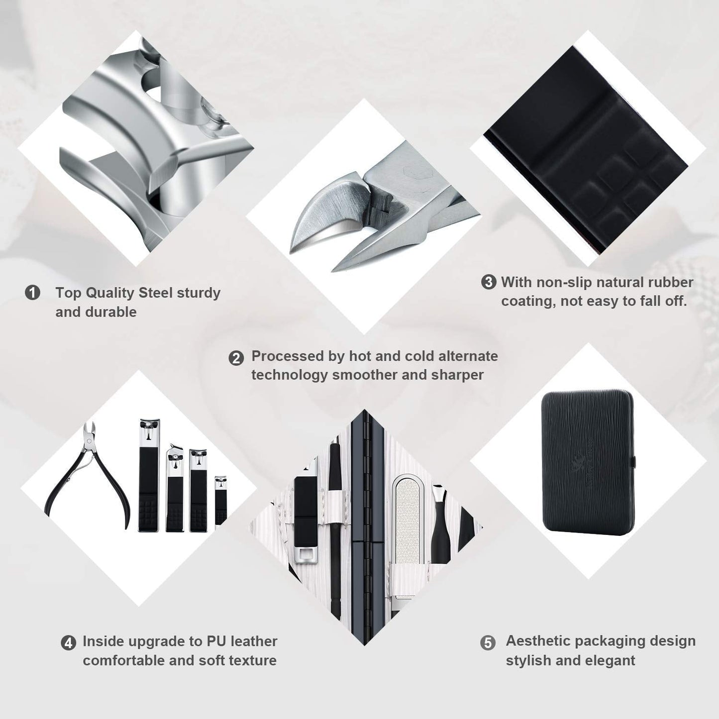 Keiby Citom Professional Stainless Steel Nail Clipper Travel & Grooming Kit Nail Tools Manicure & Pedicure Set of 18pcs with Luxurious Case (Black/White)