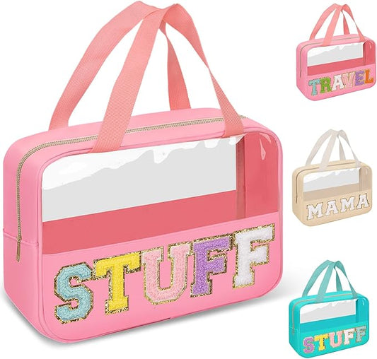 Preppy Clear Stuff Makeup Bags with Chenille Letter Patches, Travel Essentials Large Clear Make up Bag Zipper Pouch with Handle, Waterproof Nylon Cosmetic Toiletry Storage Tote for Women (STUFF-Pink)
