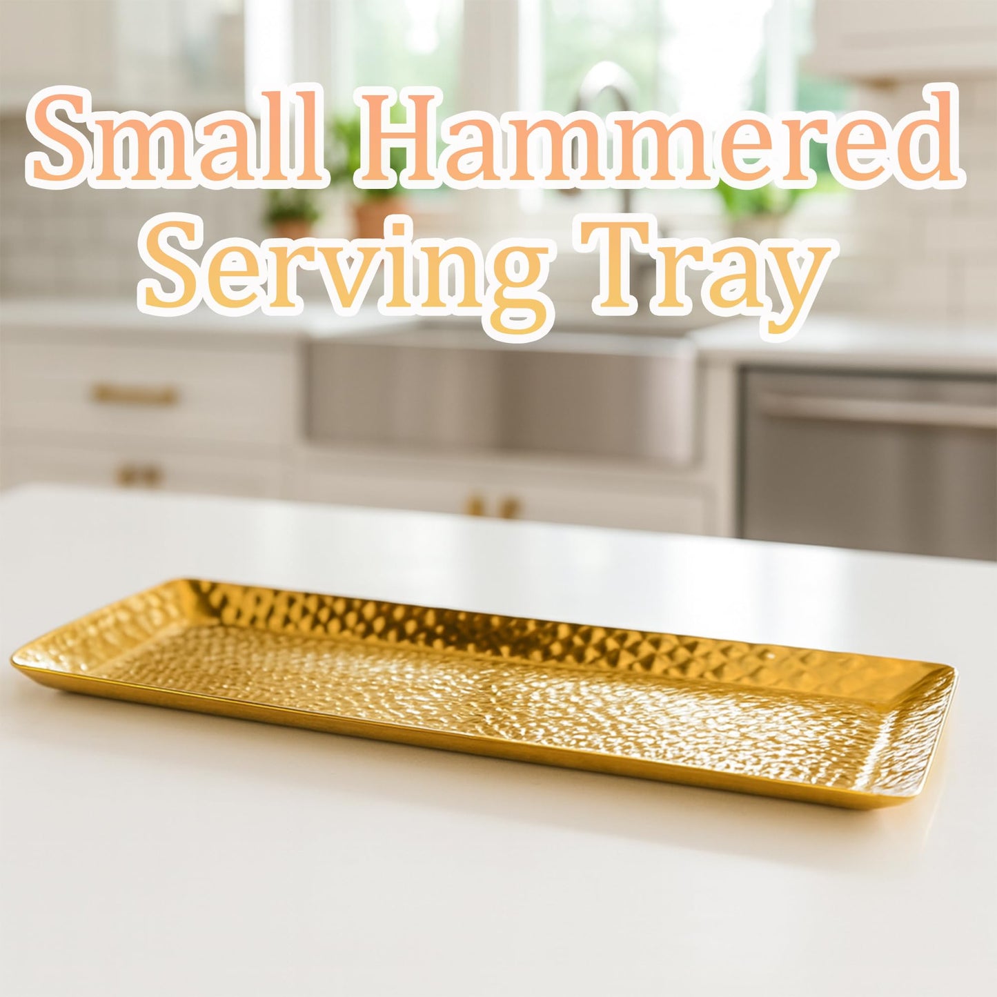 Celmuron Hammered Rectangular Platter Serving Tray, Gold Stainless Steel Decorative Storage Tray, 9.8 x 4.3 Inch