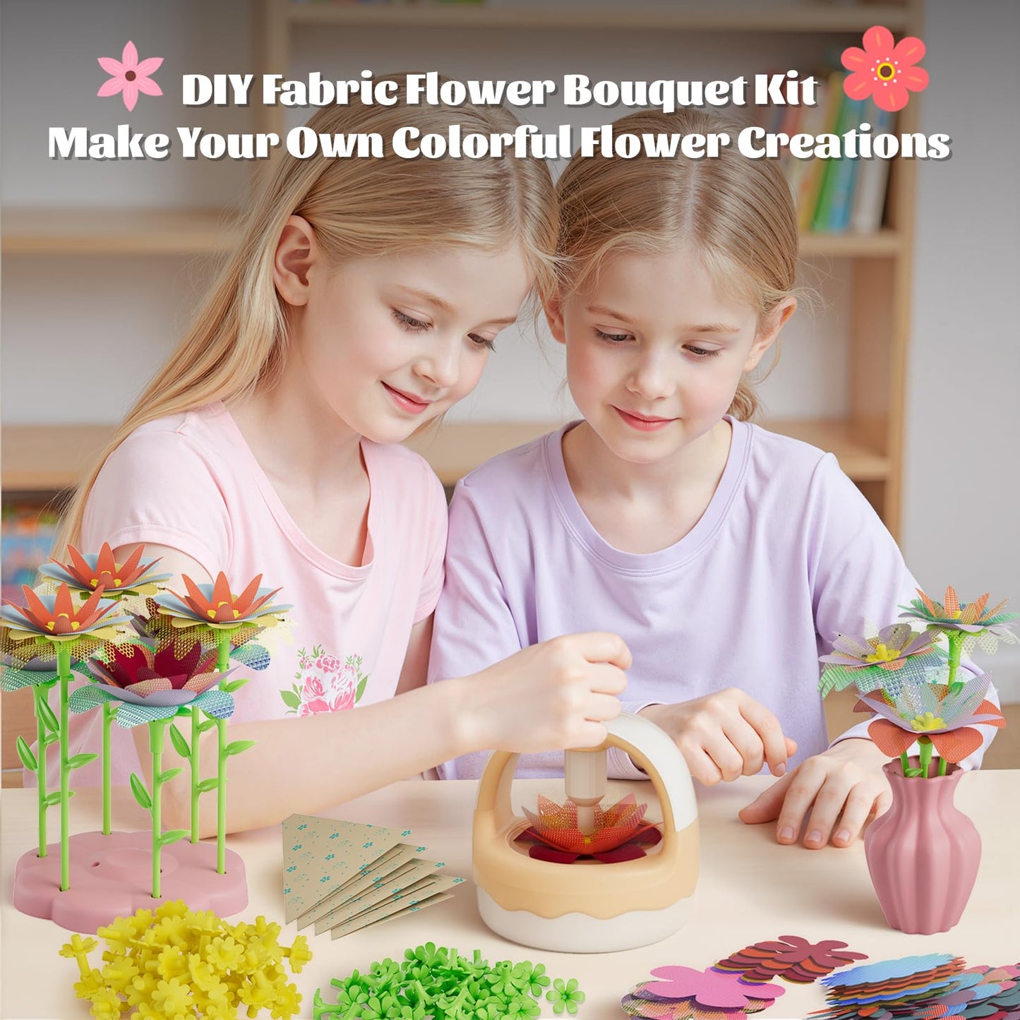 Fabric Flower Bouquet Craft Kit, DIY Arts & Crafts Toy for Kids, Creative Flower-Making Activity Set, Educational Preschool Toy, Perfect Birthday & Christmas Gift for Girls Ages 4 5 6 7 8+ (yellow)