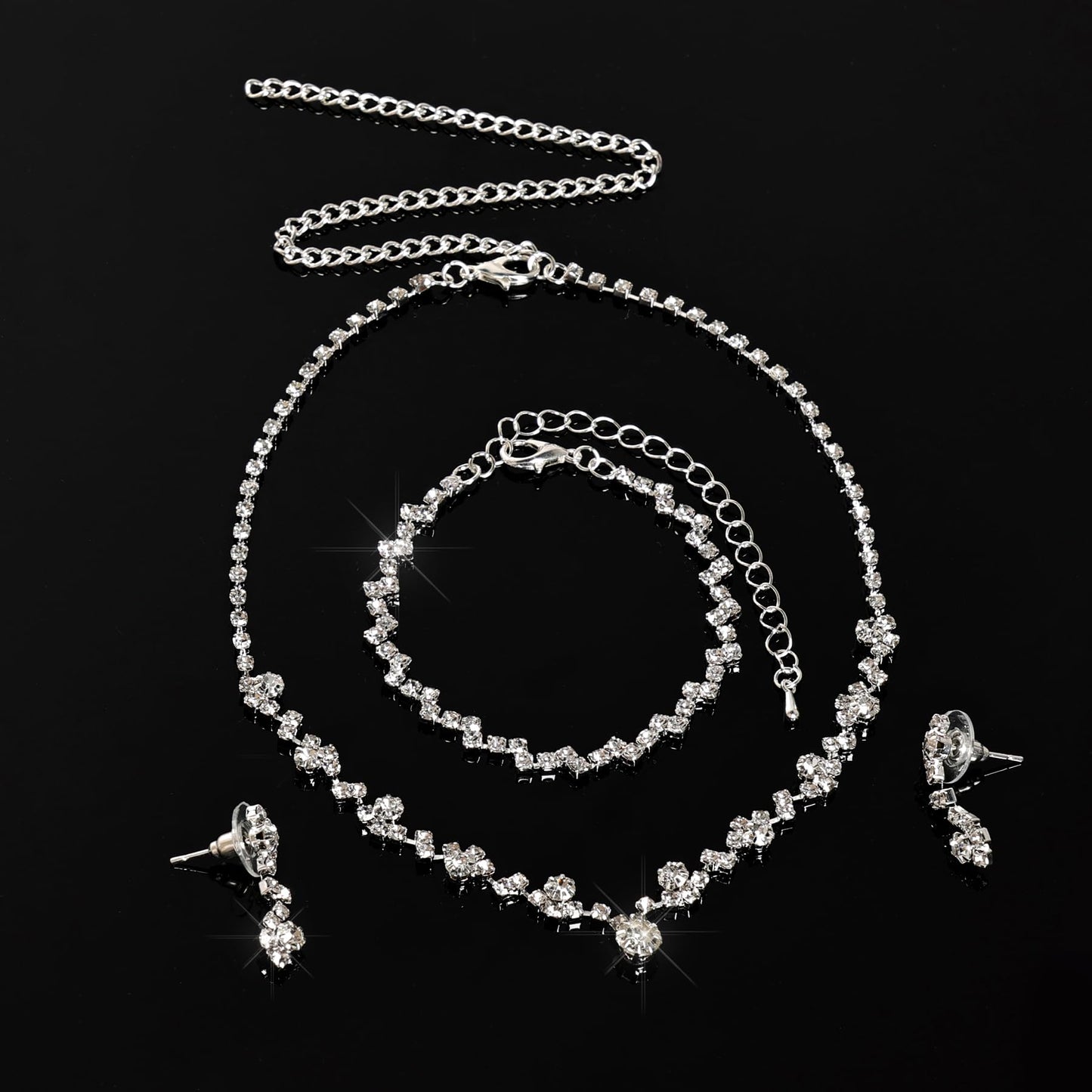 Jmkcoz Women Jewelry Set Silver Necklace Earrings Bracelet Rhinestone Crystal Bridal Wedding Jewelry Sets for Brides Bridesmaid Wedding Party (Style 2)