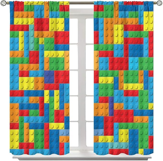 Colorful Building Block Toy Printed Curtains, Building Blocks, Curtains, Fun Brick 3D Design, Kids, Teens, Girls, Boys, Living Room, Bedroom, Window Treatment Panels, 2 Panels 42x54in