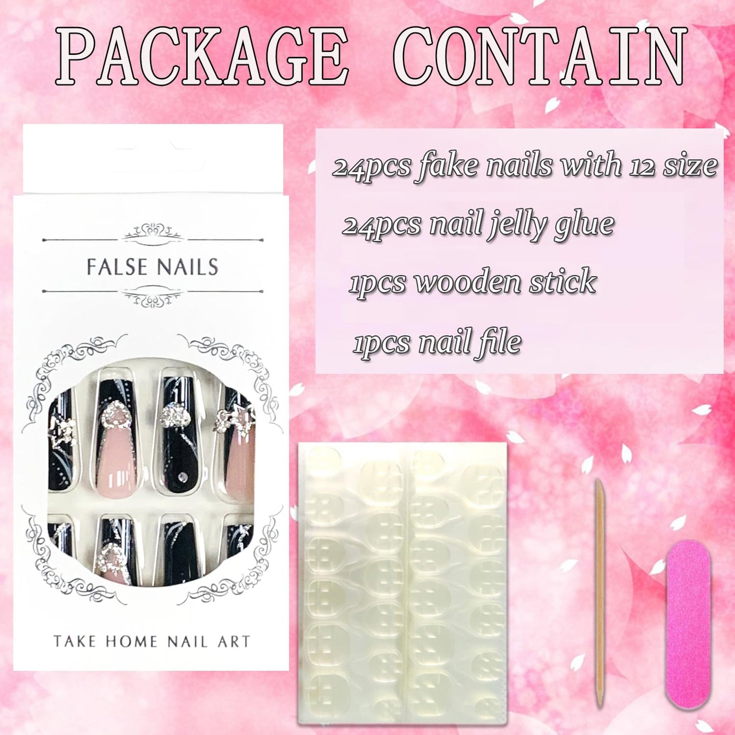 FIEONCIY Press on Nails Coffin Long Black Glossy Full Cover Acrylic Square French False Nails with Star Glitter Designs Artificial Ballerina Fake Nails with Charm Glue Stick on Fingernails for Women