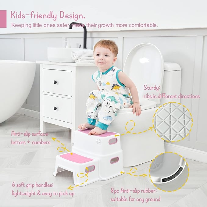 Pink Toddler Step Stool for Toilet, Two Step Stool for Kids Bathroom with Handle for Potty Training, Non-Slip Girls Small Heavy Duty Plastic Stool for Sink Bed Kitchen Counter (White-Pink)