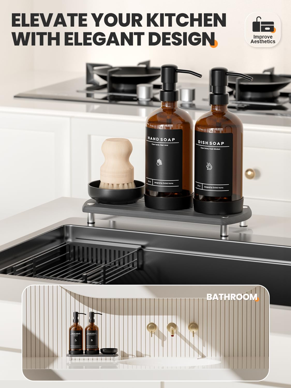 [Luxury] Kitchen Soap Dispenser Set - 16OZ Amber Glass Bottle, Stainless Steel Pump, Instant Dry Tray, Waterproof Labels, Non-Slip Silicone Pad, and Dish Brush | Upgrade for Your Kitchen and Bathroom