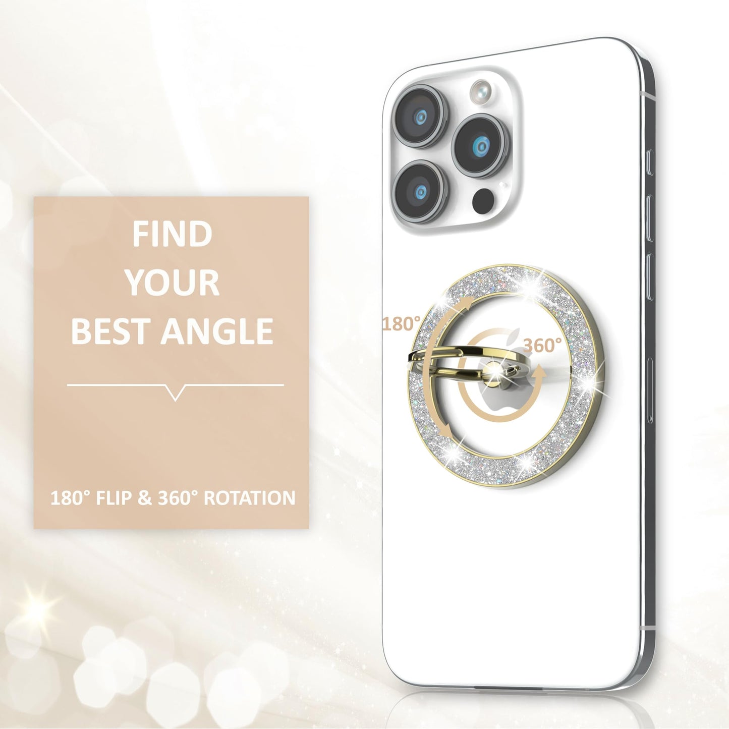 Pikabo Magnetic Phone Ring Holder for MagSafe, Magnetic Phone Grip for iPhone, Compatible with iPhone MagSafe Wireless Charging. (Glitter Gold)