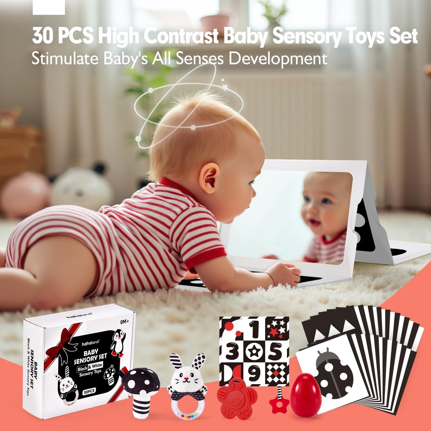 hahaland High Contrast Baby Toys for Newborn - Infant Baby Black and White Sensory Newborn Toys for Brain Development Montessori Tummy Time Toy for 0 3 6 Months