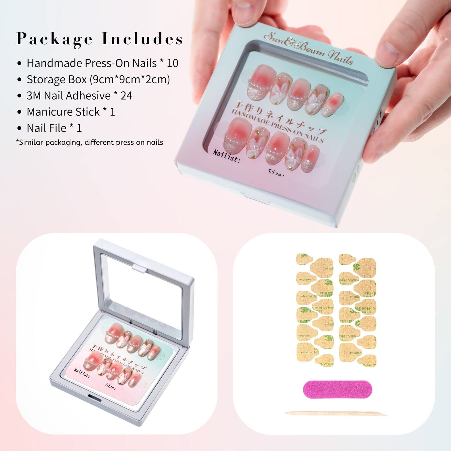 Sun&Beam Nails Handmade Press-On Short Almond with White Blue Gold Color 3D Design Charm Cat Eye Cute False Nail Tips 10 Pcs (#81 XS)
