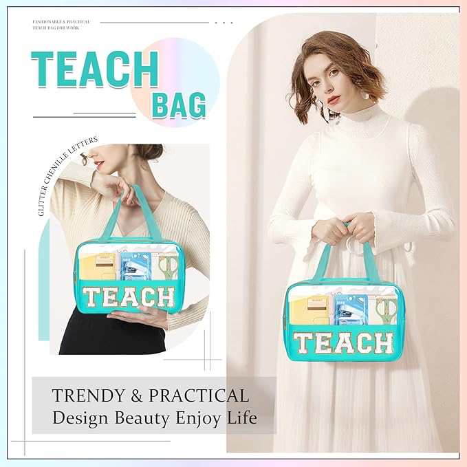 Teacher Appreciation Gifts Chenille Letter Clear Makeup Bag TEACH Pouch, Preppy Waterpoof Makeup Cosmetic Bag with Zipper Graduation Retirement Birthday Teacher Essentials Gifts for Women(TEACH-Green)
