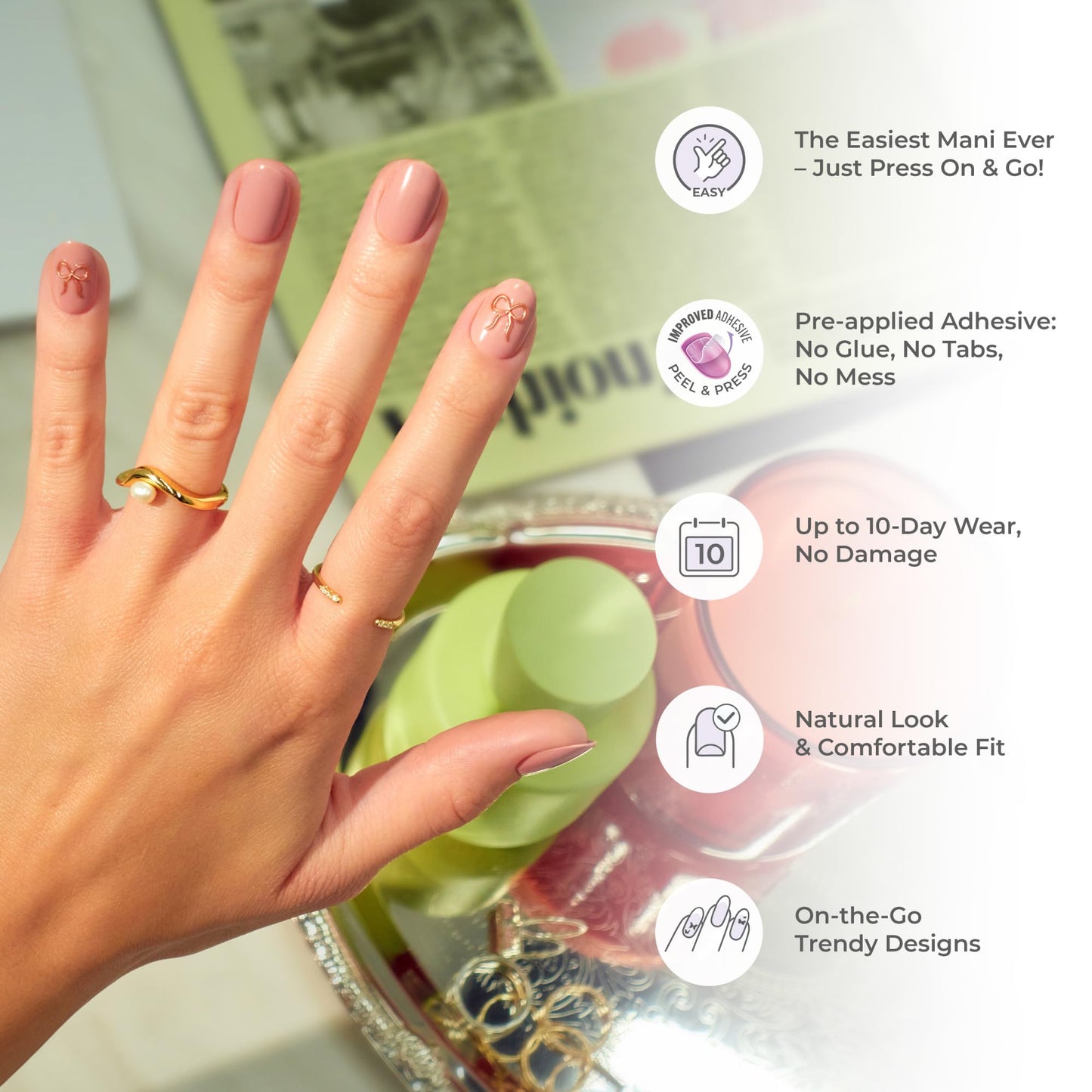 Kiss Impress No Glue Mani Press On Nails, Design, 'Soft Petals', Pink, Short Size, Squoval Shape, Includes 30 Nails, Prep Pad, Instructions Sheet, 1 Manicure Stick, 1 Mini File