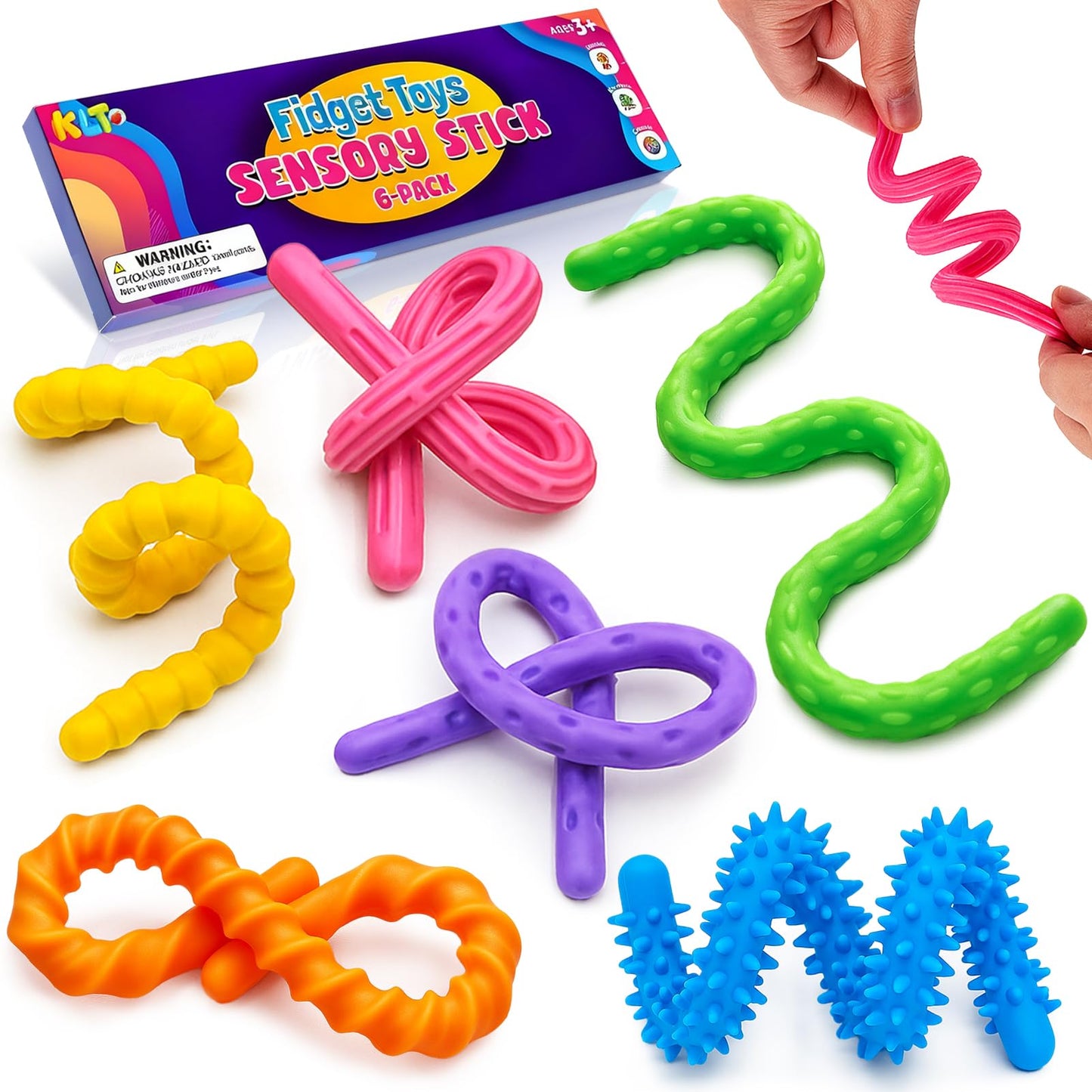 Sensory Fidget Toys for Kids: 6 Pack Textured Silicone Fidget Stick for Stress Relief Autistic ADHD, Quiet Desk Fidgets for Classroom, Sensory Toys for Autism, Egg Filler Easter Basket Stuffers