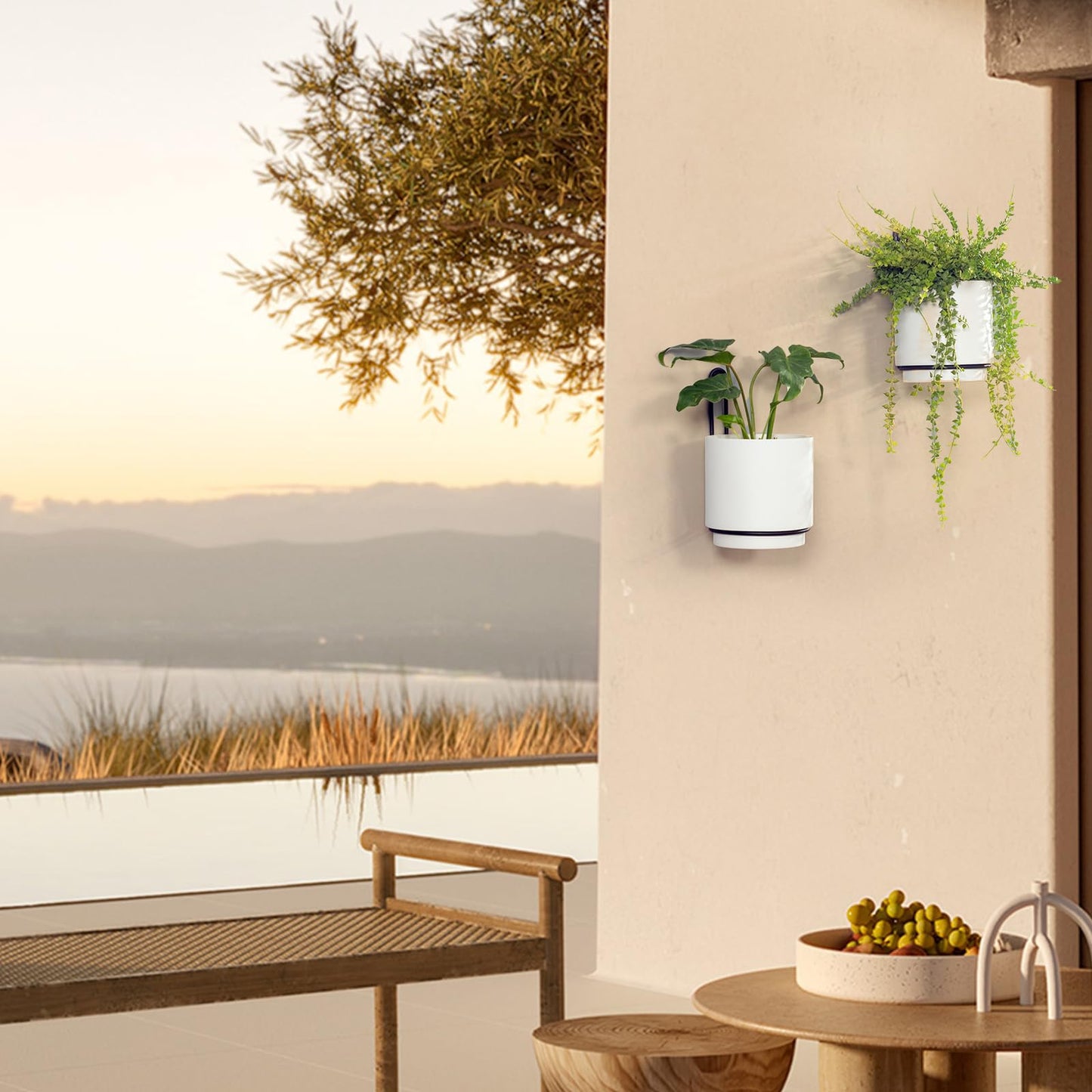 CISEANOL 2 Pcs Wall Mounted Hanging Planter Vase for Indoor and Outdoor Plants Modern Metal Wall and Ceiling Planter Minimalist Flower Pot (White, 5.91 inch)