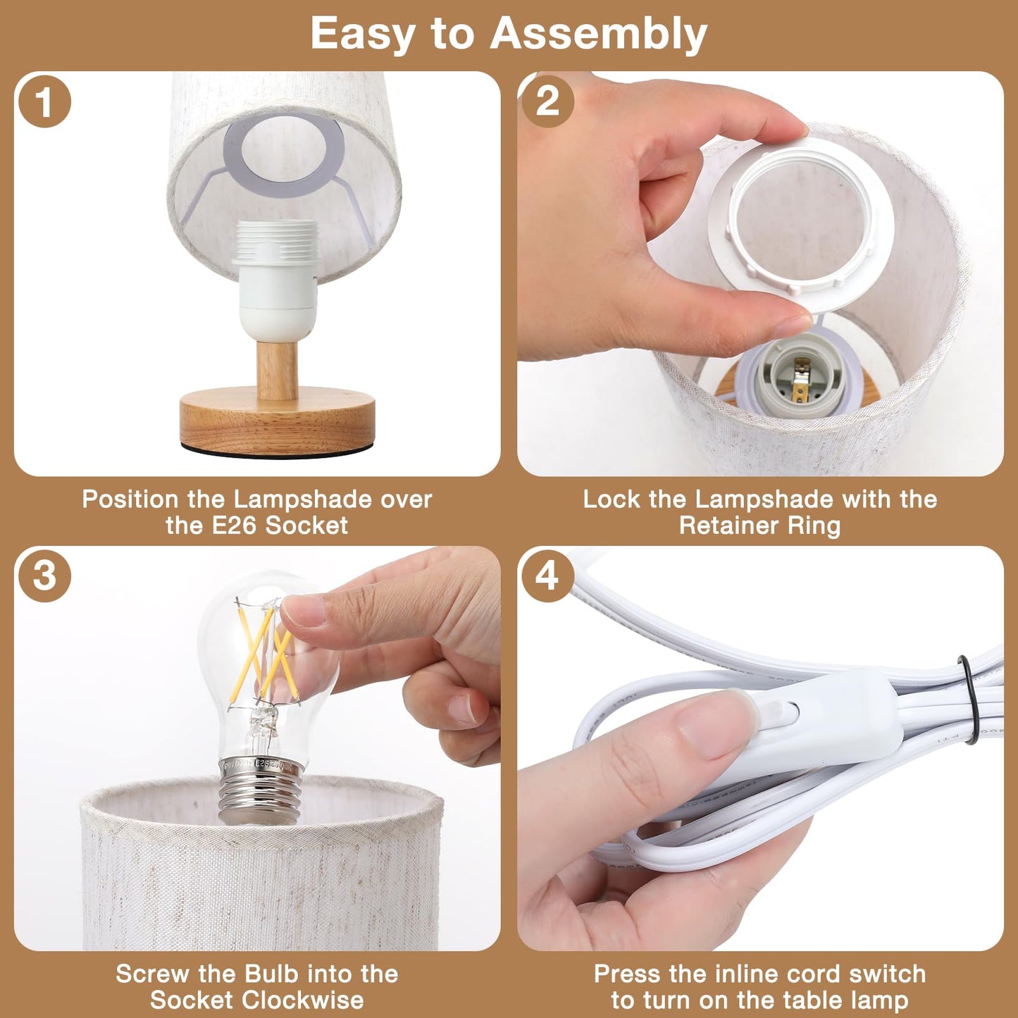 Fenmzee Small Table Lamp for Bedroom - Inline Control, Bedside Lamp with 3000K A15 LED Blub, Easy Assembly (Cream Shade - Wood Base, 9" Inline Control)