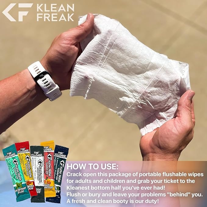 THE KLEAN FREAK FLUSHER - 100 Pack FLUSHABLE WIPES Flushable Wipes For Adults & Kids Unscented/Scented - 100% BIODEGRADABLE Individual Wrapped Travel WET Wipe for Toilet - Spearmint Rush