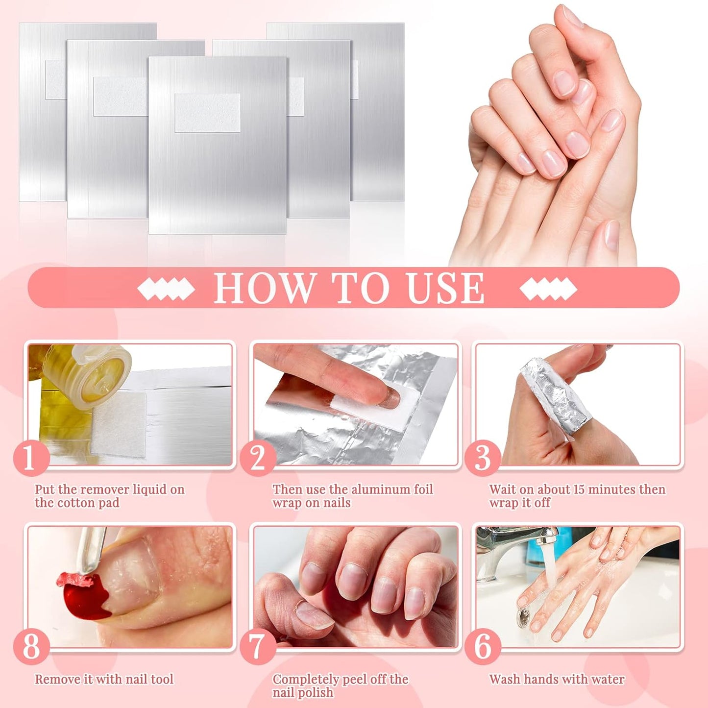 1000 Pcs Polish Remover Foil Wraps with Pre Attached Lint Pad for Removing, Silver