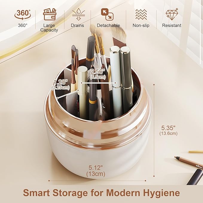 360° Rotating Toothbrush Holder with Cover, 7-Slot Bathroom Organizer for Electric Toothbrush, Toothpaste, Razors, Draining Water, Countertop Vanity Storage