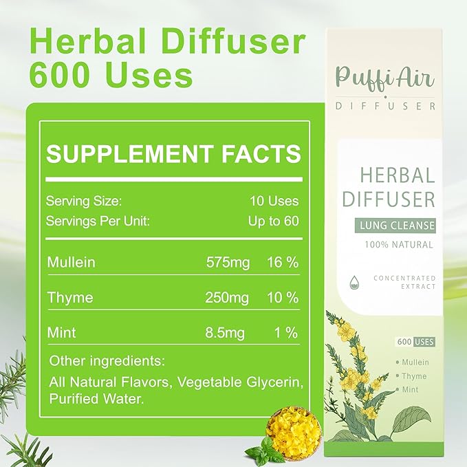 Mullein Herbal Diffuser Upgraded with Extracts of Mullein, Thyme and Mint for Cleansing Lungs, Improving Breathing and Oral Air Freshening - 600 Uses 1 Stick, 1 Pack