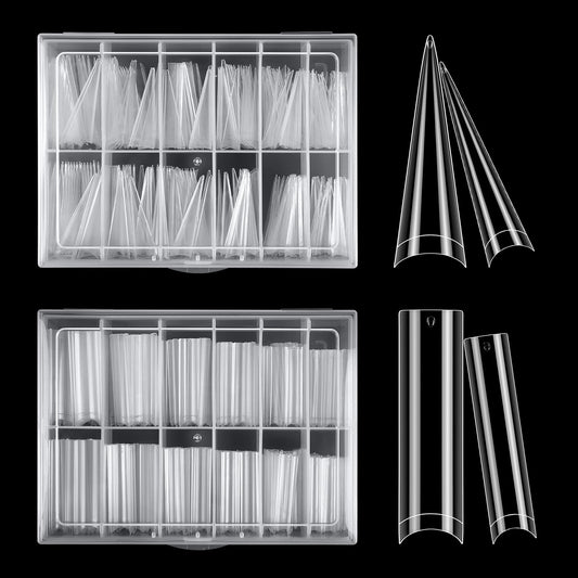 XL Long Clear Nail Tips: Half Cover 240PCS No C Curve Tapered Square Straight Nail Tips with 240PCS Stiletto Nail Tips for Salon Manicurist - Nail Extension Tips for Home DIY Manicure Hobbyists