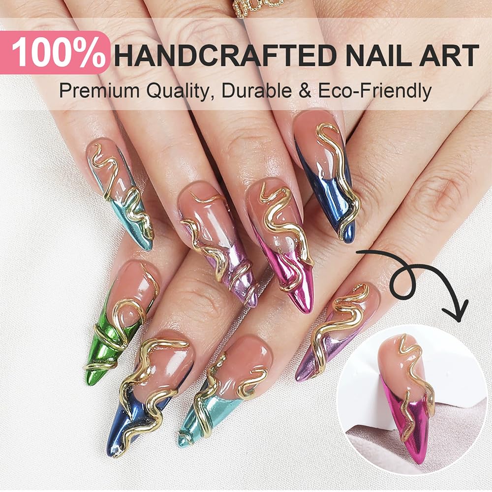 10pcs Handmade Press on Nails Almond Medium False Nails Blue French Tip Fake Nails with 3D Flower Designs Glossy luxury Rhinestones Cute Acrylic Nails for Women (Size M）