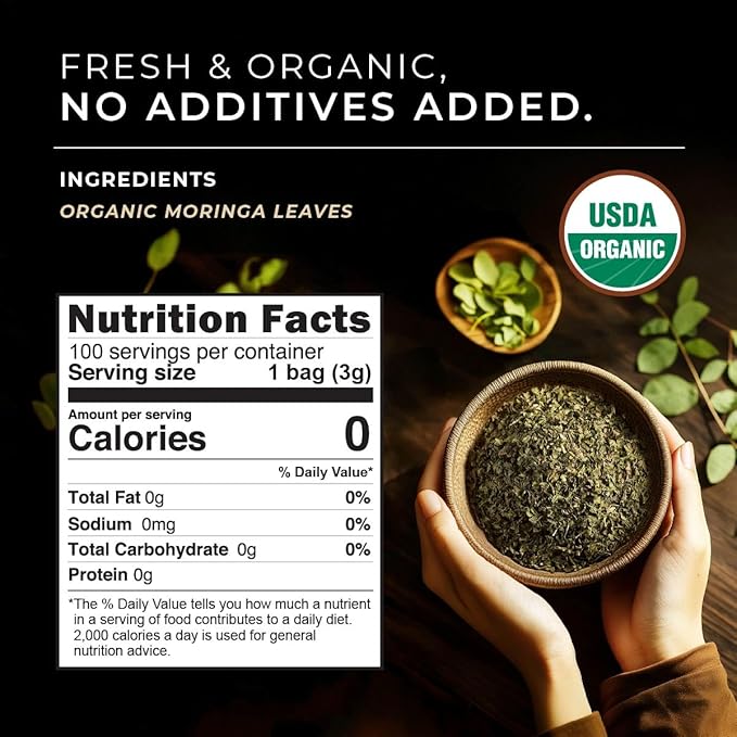 Gya Tea Co Moringa Leaves Herbal Tea Bags (100 Bags) - Caffeine Free with a Tangy Flavor for All Day Comfort, Calming, Relaxing & Nourishing - Fruit & Herbal Blends