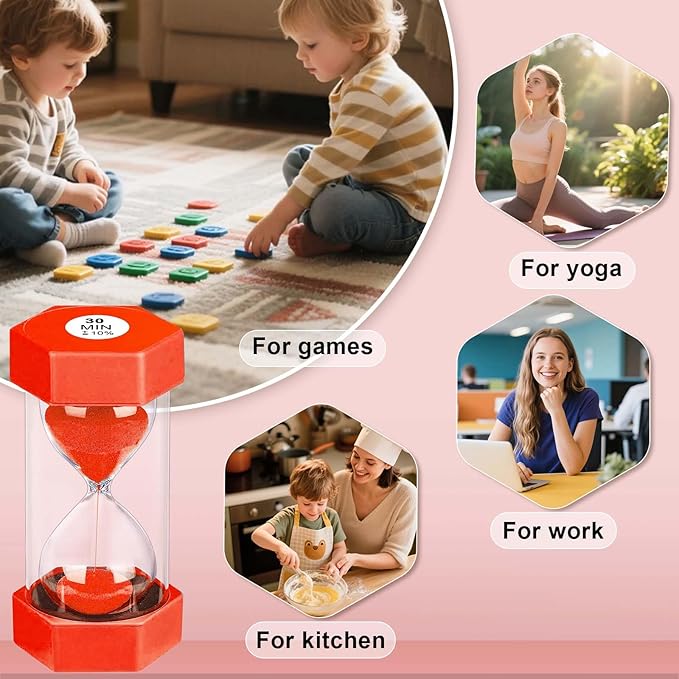 2 Minute Sand Timer Hourglass, Unbreakable Hexagon Plastic Sand Watch Reloj De Arena 2 Minutos, Colorful Hour Glass Sandglass for Classroom Games Kitchen (Red)