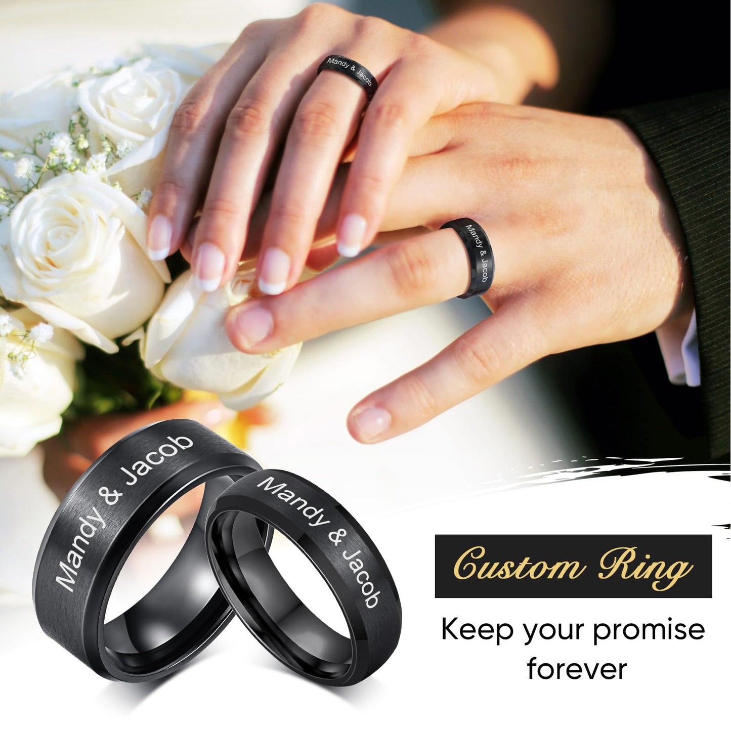 VNOX Customize Personalized Name Date 8MM Stainless Steel Simple Matte Brushed Finish Wedding Band Engagement Rings for Men Dad Husband,Size 10
